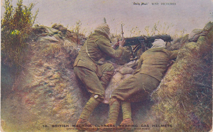 WW1 Machine Gunners WW1 British Machine Gunners wearing gas helmets