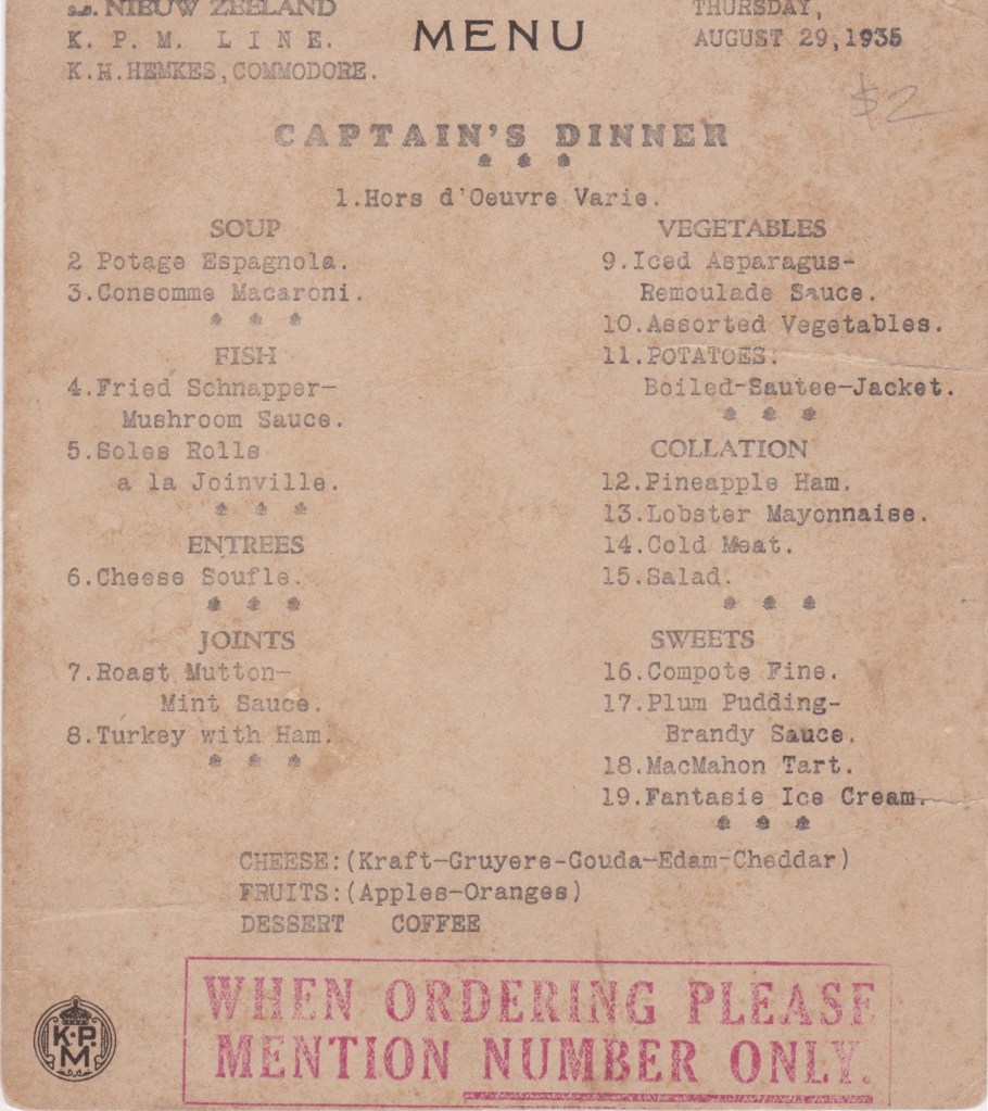 Shipping menu from the Dutch liner Nieuw Zeeland
