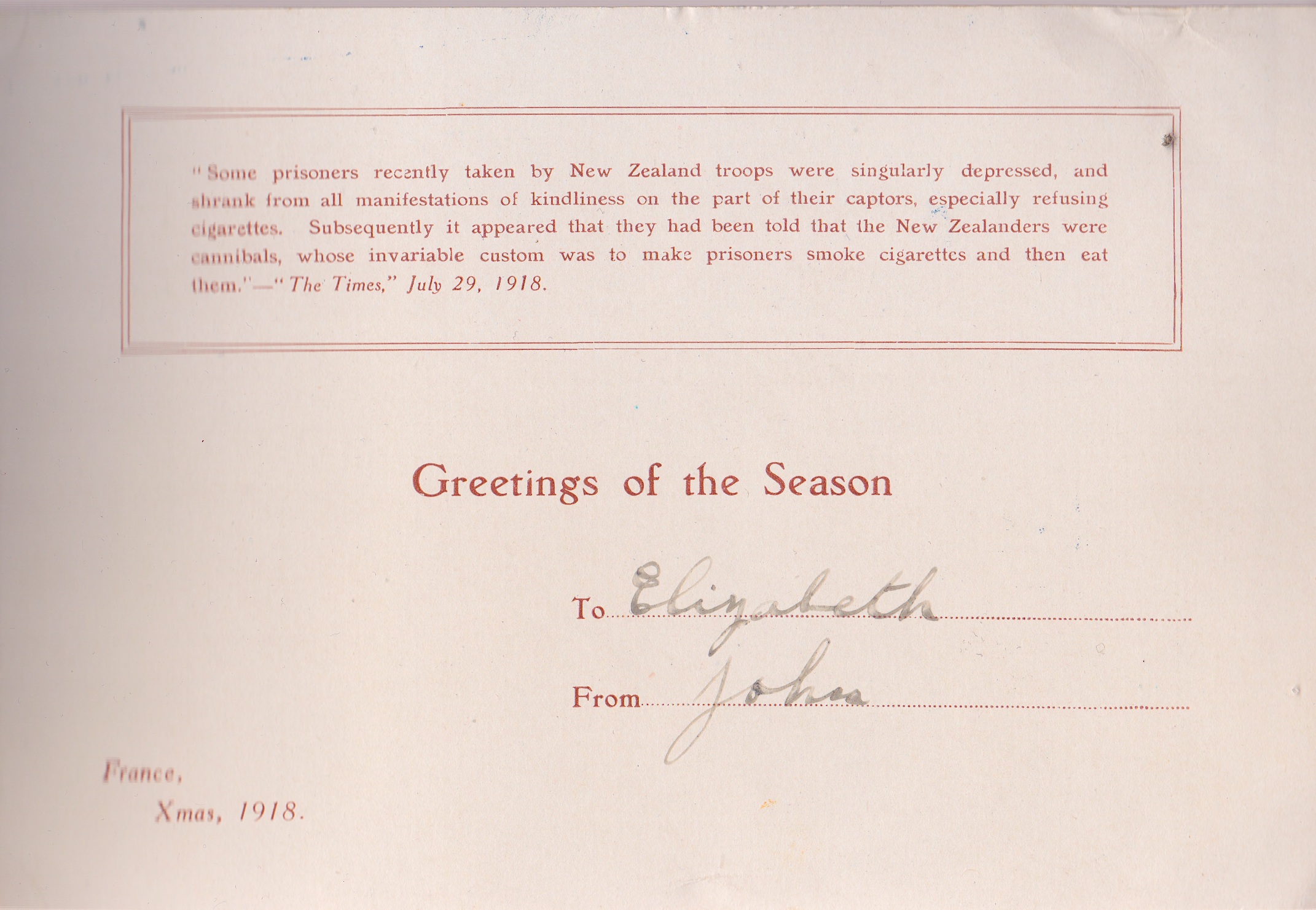 1918 Xmas CardLemuel Lyes Collection