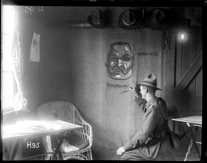 The New Zealand unofficial cartoonist (Lieutenant G. Pat Hanna) enlivens the walls of the officers club. Royal New Zealand Returned and Services' Association : New Zealand official negatives, World War 1914-1918. Ref: 1/2-012806-G. Alexander Turnbull Library, Wellington, New Zealand. http://natlib.govt.nz/records/22606412