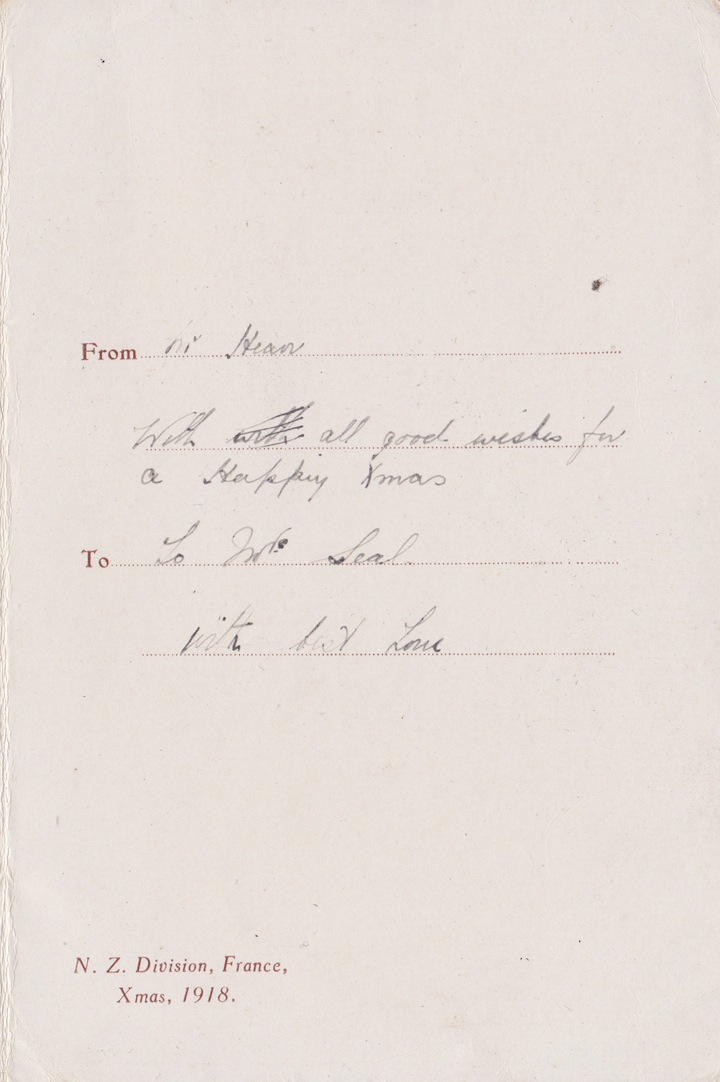 Inside of N.Z. Division Xmas card from France 1918Lemuel Lyes Collection