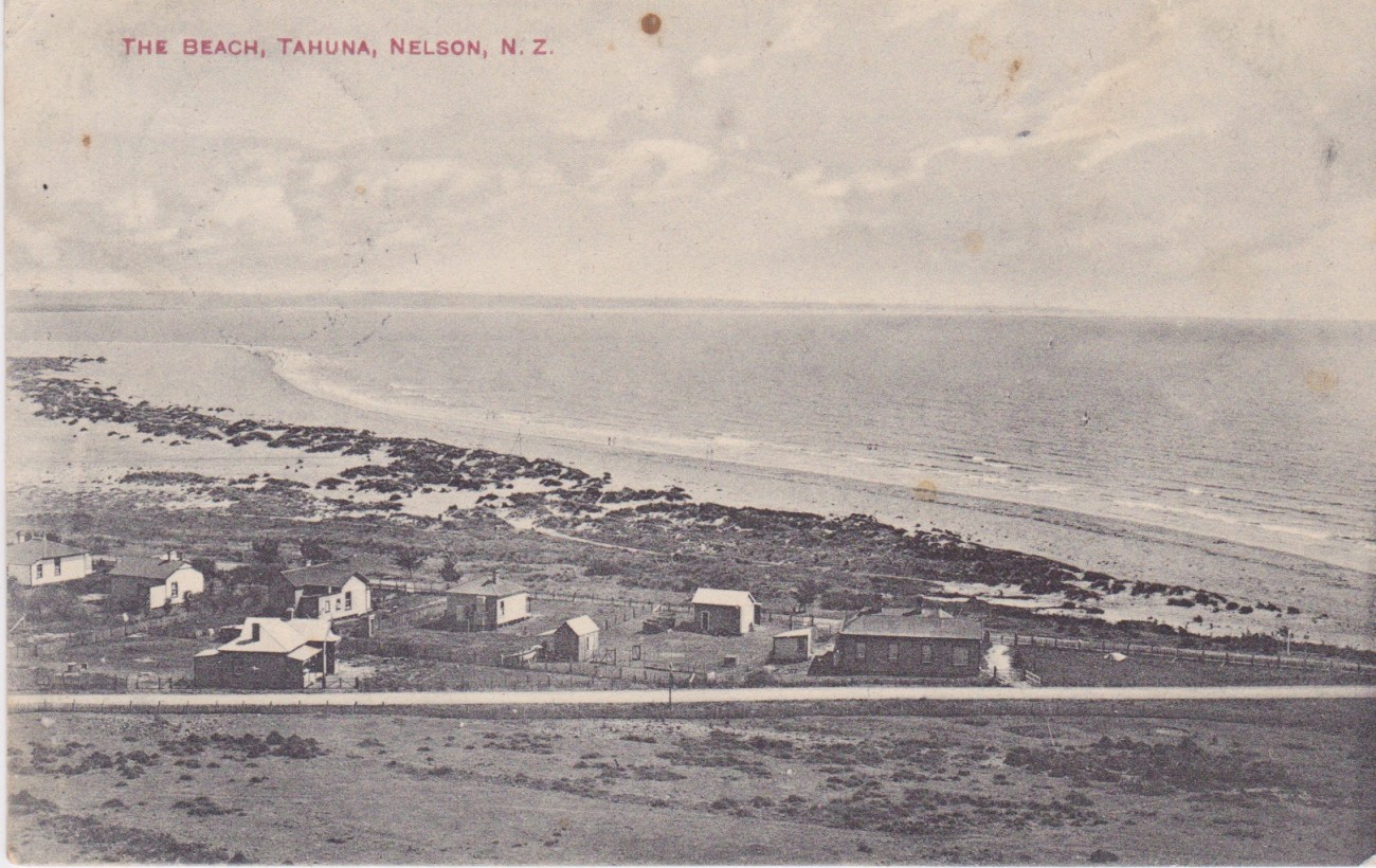 The Beach, Tahuna, Nelson. N.Z.  Postcard from the 'Alf. Robinson Series'.Lemuel Lyes Collection
