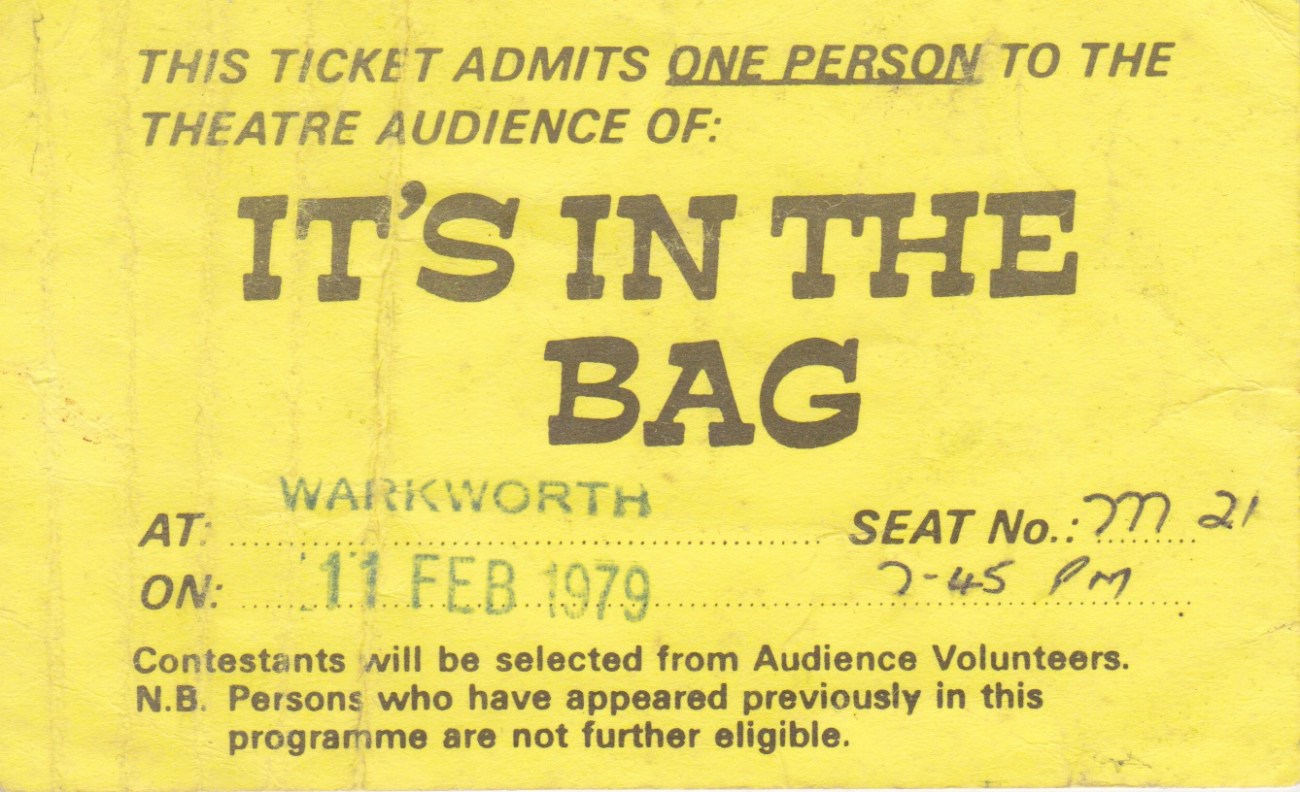 Ticket for 'It's in the Bag' Warkworth 1979Lemuel Lyes Collection