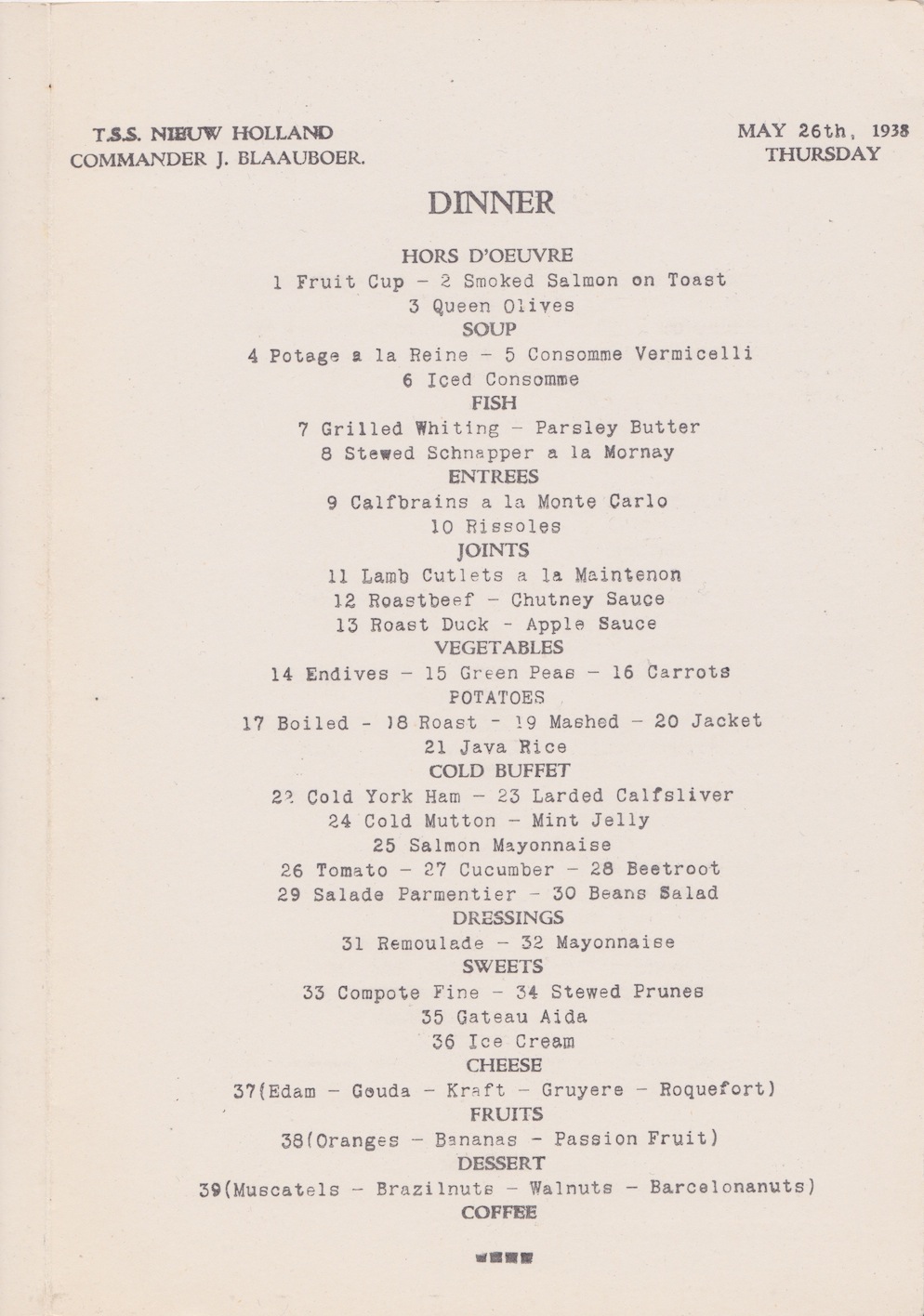 Menu from TSS Nieuw Holland, May 26th, 1938Lemuel Lyes Collection