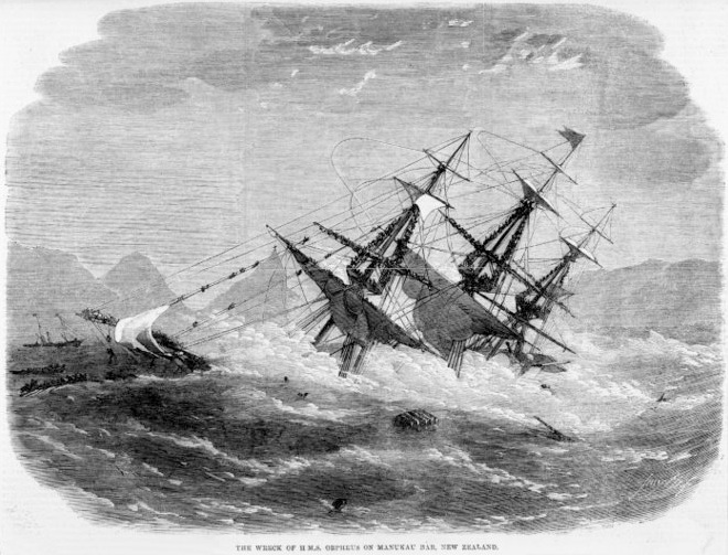 Illustrated London news (Newspaper). Illustrated London news :The wreck of H. M. S. Orpheus on Manukau Bar, New Zealand. [London, 1863]. Ref: PUBL-0033-1863-437. Alexander Turnbull Library, Wellington, New Zealand. http://natlib.govt.nz/records/22912580
