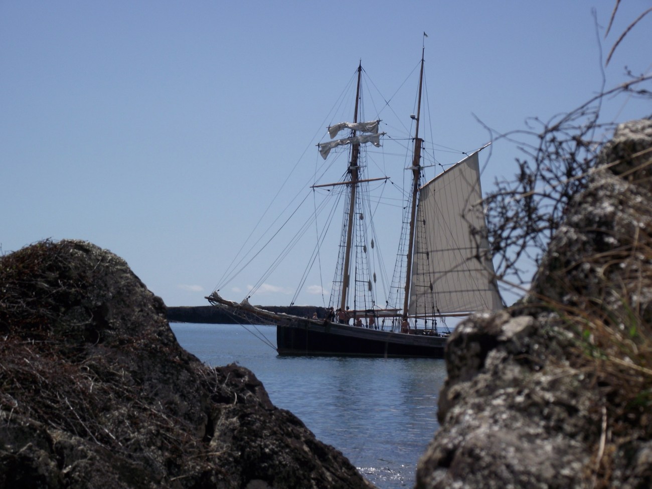 R. Tucker Thompson at anchor.  Partially obscured by out of focus rocks because that is what they do in sailing ship movies when someone is waiting in ambush or hiding from the French.© Lemuel Lyes 2013