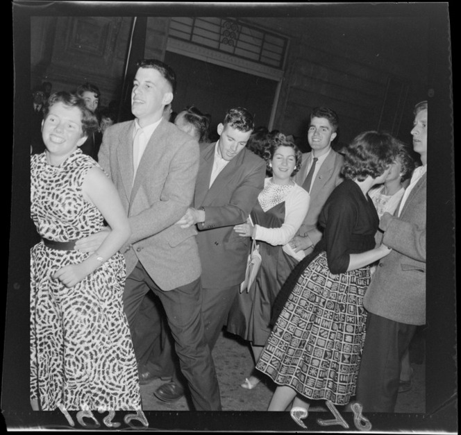 The public dancing in Mercer Street, Wellington. Negatives of the Evening Post newspaper. Ref: EP/1959/0678-F. Alexander Turnbull Library, Wellington, New Zealand. http://natlib.govt.nz/records/23263452
