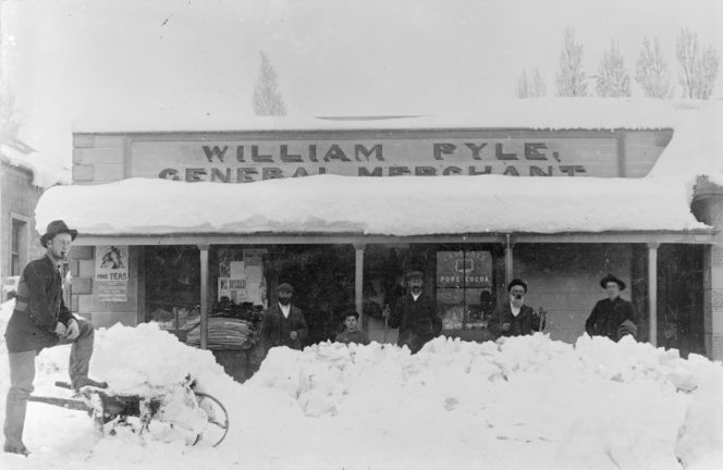 Snow at William Pyle's general store, St Bathans, Central Otago - Photograph taken by F M Pyle. Paterson, M, fl 1966 : Photographs, particularly of St Bathans, Central Otago. Ref: 1/2-027134-F. Alexander Turnbull Library, Wellington, New Zealand. http://natlib.govt.nz/records/23193076