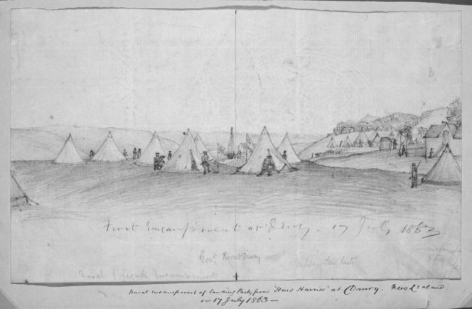 Sketch made on 17th July 1863 Scrivener, Henry Ambrose, 1842-1906. Scrivener, Henry Ambrose, 1842-1906 :First encampment at Drury. 17 July 1863. Naval encampment of landing party from HMS Harrier... 1863.. Scrivener, Henry Ambrose, 1842-1906 :First encampment at Drury. 17 July 1863. Naval encampment of landing party from HMS Harrier... 1863; and (on verso) Nukulau Island, Fiji Islands. 1861... Ref: B-064-025. Alexander Turnbull Library, Wellington, New Zealand. http://natlib.govt.nz/records/22655199
