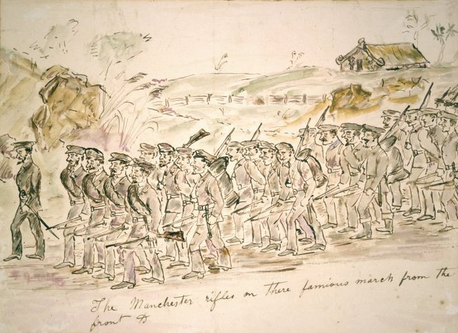 The 96th Regiment during the Northern War Robley, Horatio Gordon, 1840-1930. Robley, Horatio Gordon 1840-1930 :The Manchester rifles on there [sic] famious [sic] march from the front &c. [1845. Painted after 1863]. Ref: A-080-021. Alexander Turnbull Library, Wellington, New Zealand. http://natlib.govt.nz/records/22532931