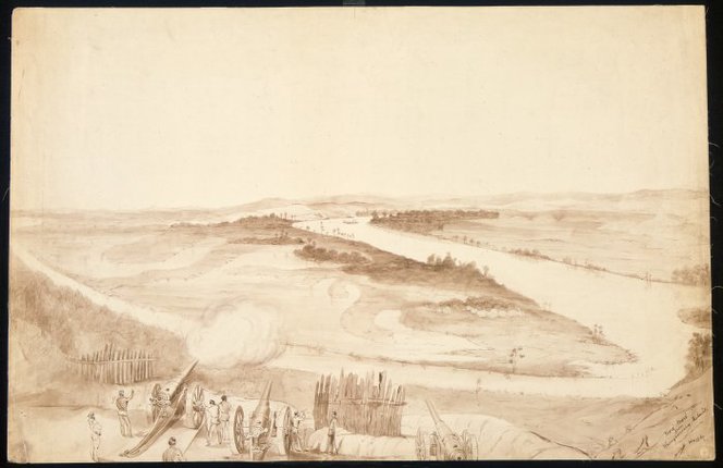 Heaphy, Charles, 1820-1881. Heaphy, Charles 1820-1881 :Mere-Mere from Whangamarino Redoubt [1863]. Ref: C-025-011. Alexander Turnbull Library, Wellington, New Zealand. http://natlib.govt.nz/records/23138553