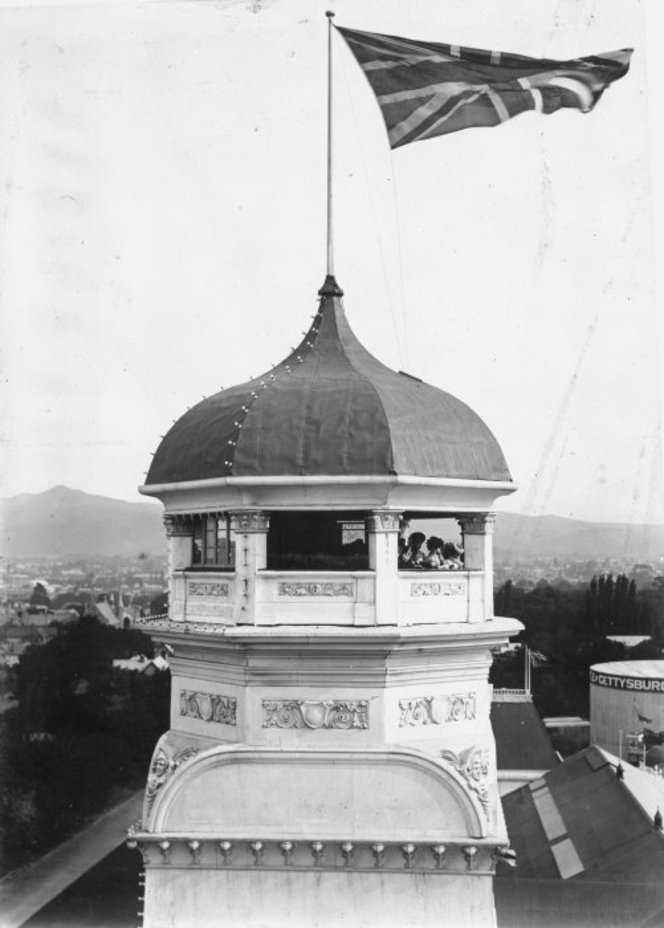 Top of the No 1 south tower of the New Zealand International Exhibition, Hagley Park, Christchurch. Grossman, Beatrice: Album of Charles Seager. Ref: 1/2-022812-F. Alexander Turnbull Library, Wellington, New Zealand. http://natlib.govt.nz/records/22391869