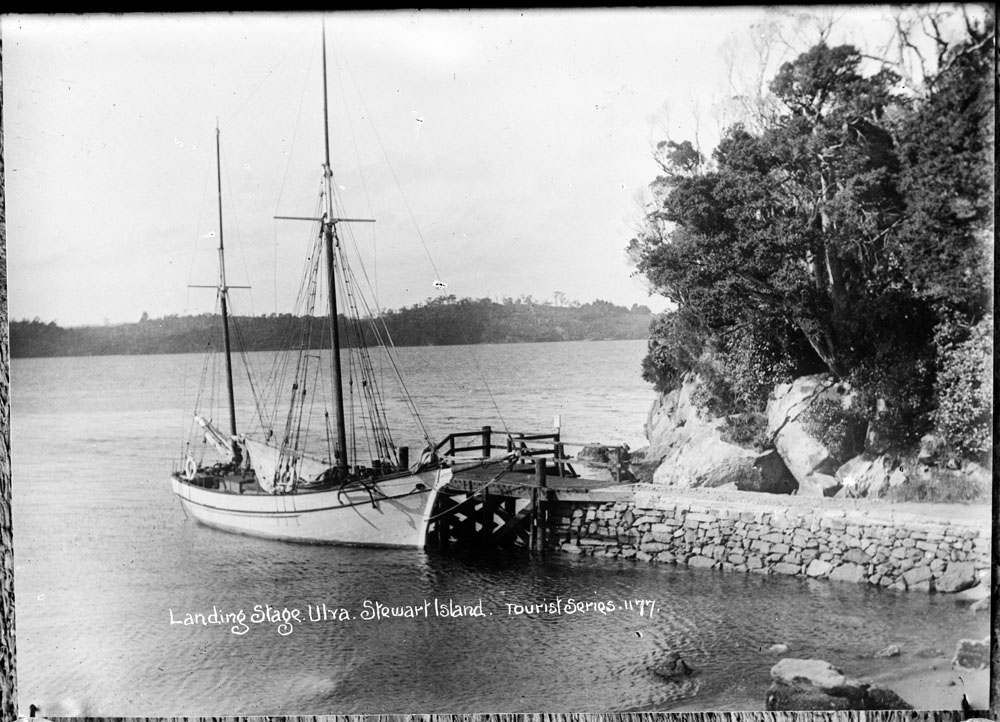 Ship moored at Post Office Bay, Ulva Island Sir George Grey Special Collections, Auckland Libraries, 35-R1396