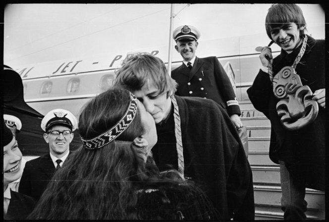 Ringo Starr being greeted with the hongi, Wellington. Hill, Morris James, 1929-2002 :Negatives of Wellington, and national events and personalities. Ref: 1/4-071854-F. Alexander Turnbull Library, Wellington, New Zealand. http://natlib.govt.nz/records/22787513