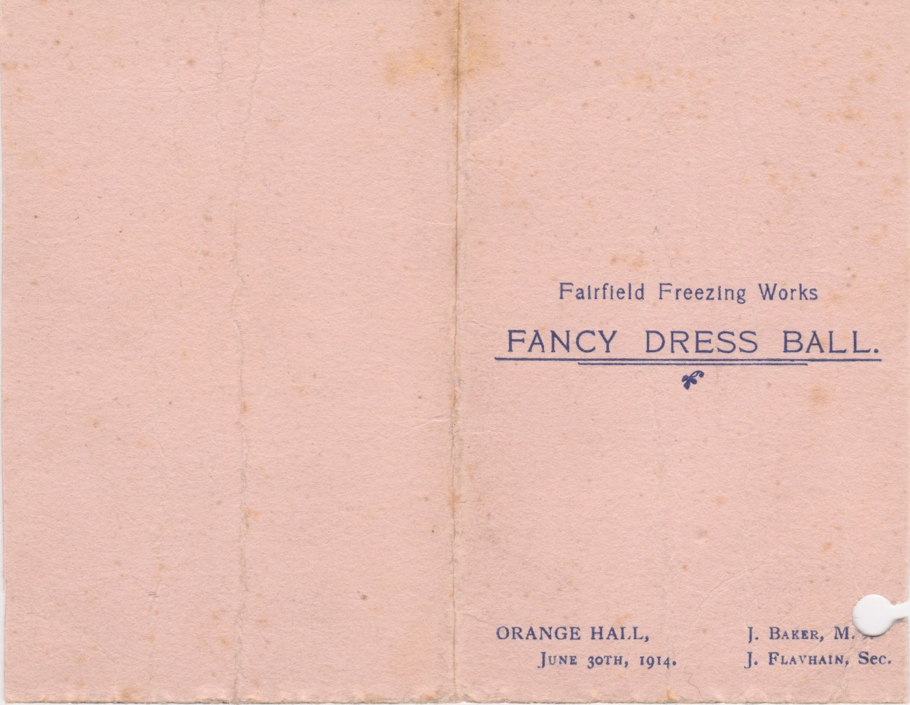 30 June 1914 Fairfield Freezing Works Dance Card Lemuel Lyes Collection