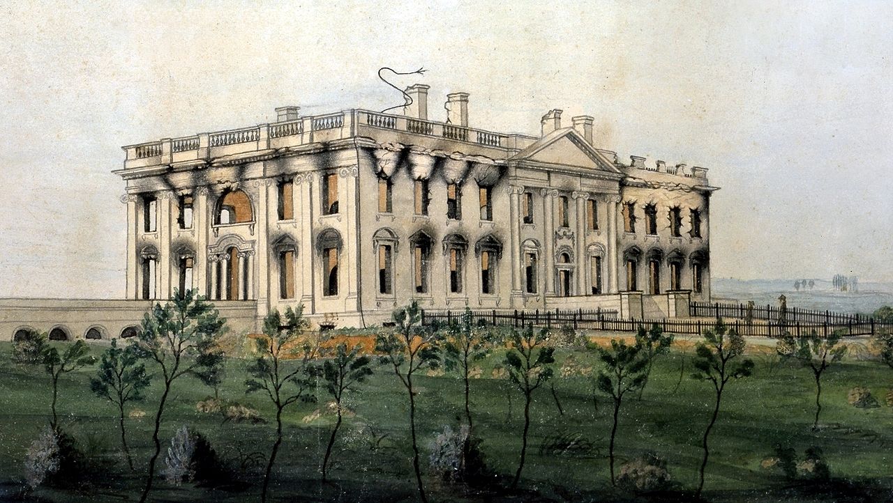 The White House ruins after the conflagration of August 24, 1814. Watercolor by George Munger, displayed at the White House Wikimedia Commons - Public Domain