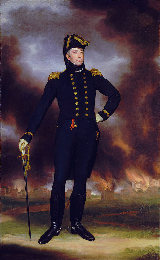 The Burning of Washington forms the background to this portrait of Rear Admiral George Cockburn Wikimedia Commons - Public Domain